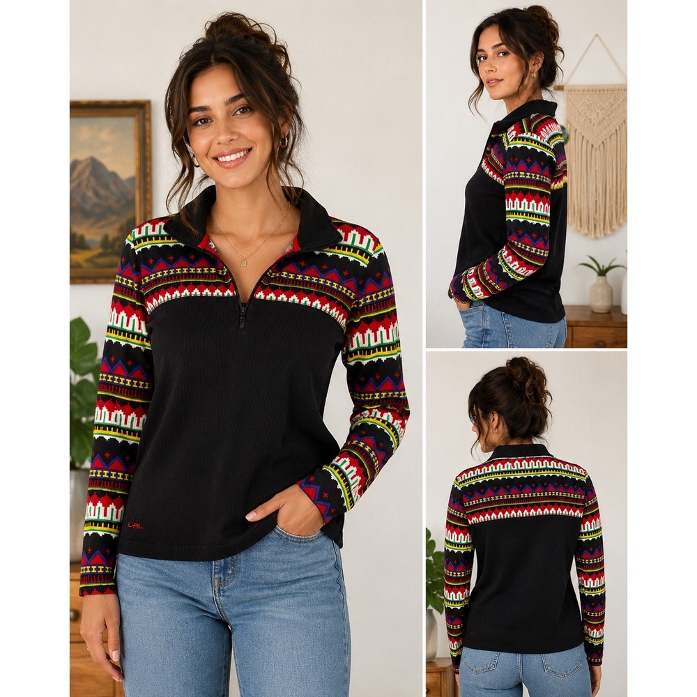 Lauren Active Ralph Lauren Black Waffle Knit Fair Isle Quarter Zip Pullover XL